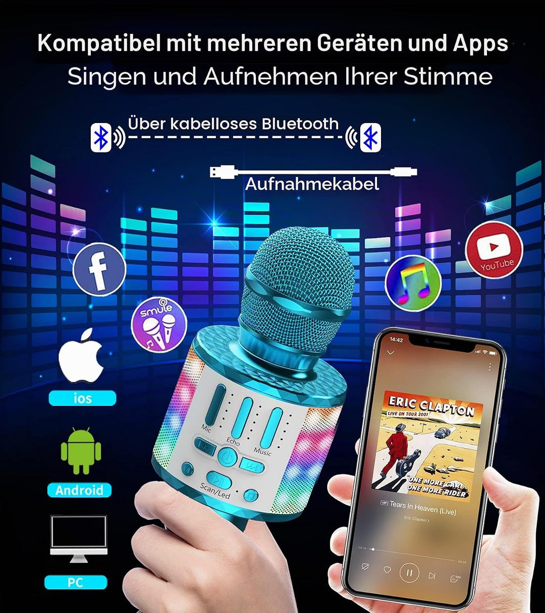 Karaoke Mikrofon, Drahtloses Bluetooth Mikrofon Kinder mit LED, Tragbares Karaoke Maschine zum Singe