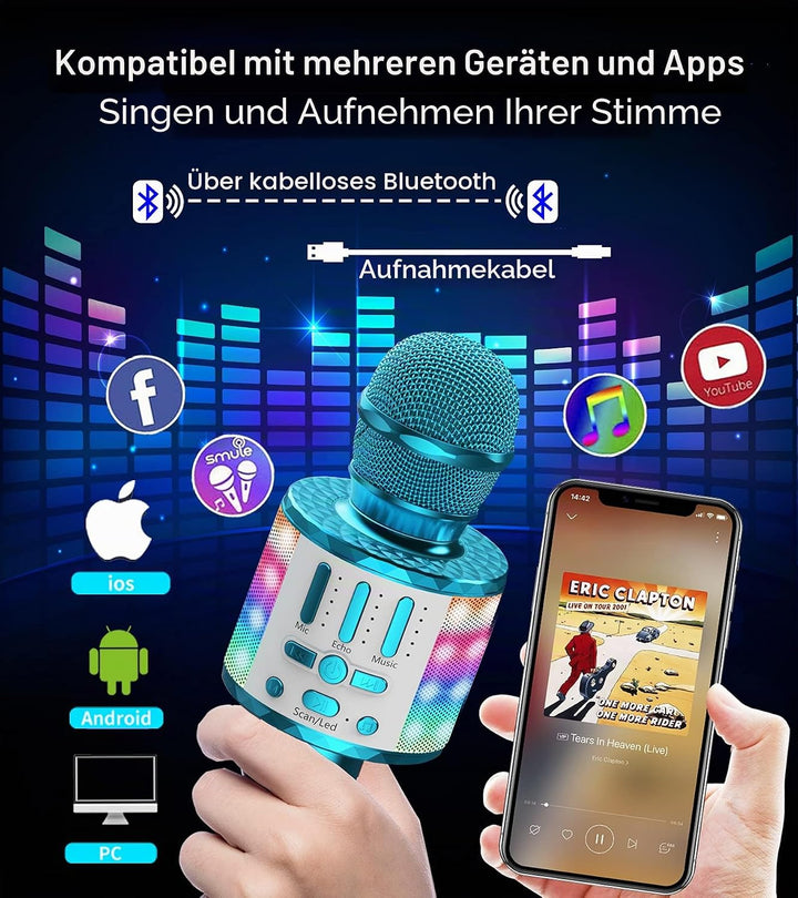 Karaoke Mikrofon, Drahtloses Bluetooth Mikrofon Kinder mit LED, Tragbares Karaoke Maschine zum Singe