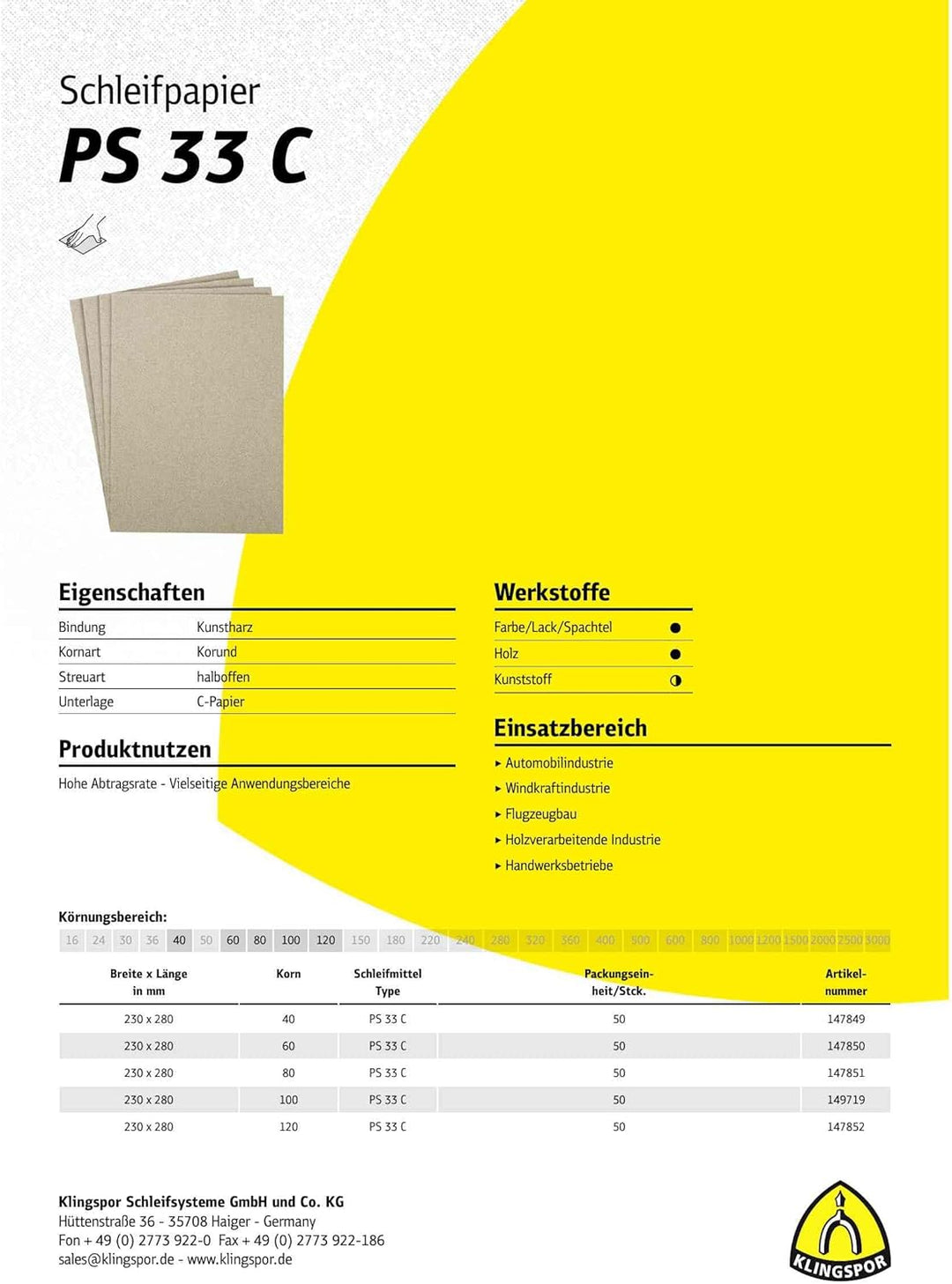 Klingpsor 147850 PS 33 C, Schleifpapier Blätter, 230X280, 60, 50, 50 Stück