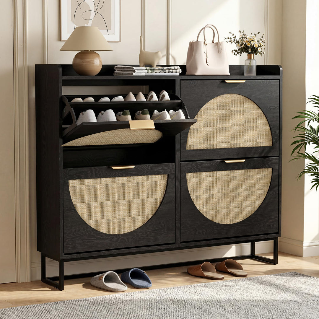 BonVache Schuhkommode mit 4 Klappfächern, Grosser Rattan Schuhschrank Schmal Holz, Schuhaufbewahrung