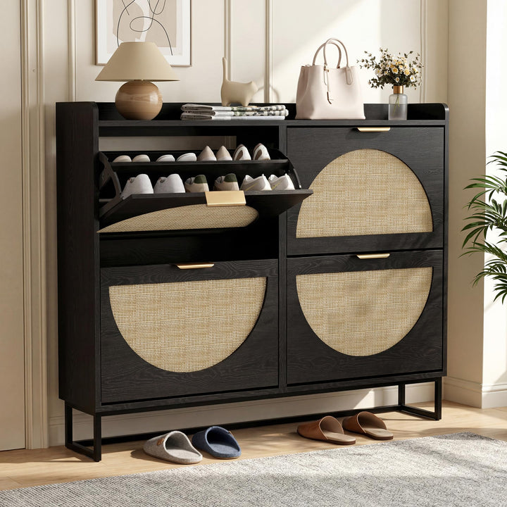 BonVache Schuhkommode mit 4 Klappfächern, Grosser Rattan Schuhschrank Schmal Holz, Schuhaufbewahrung