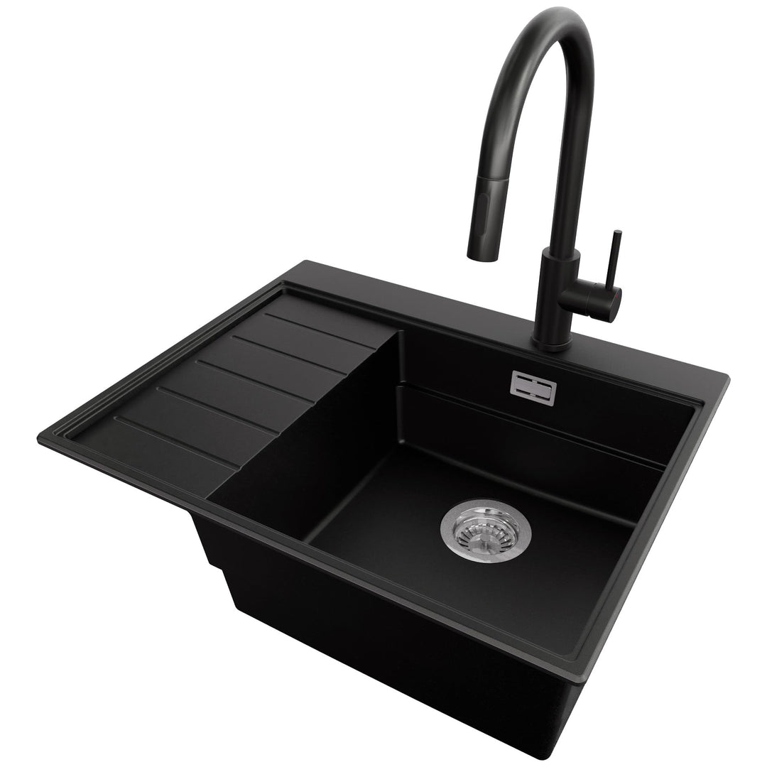 PRIMAGRAN Granitspüle Schwarz 62x50cm, Spülbecken 1 Becken + Küchenarmatur 40x20cm + Ablauf-Set, Küc