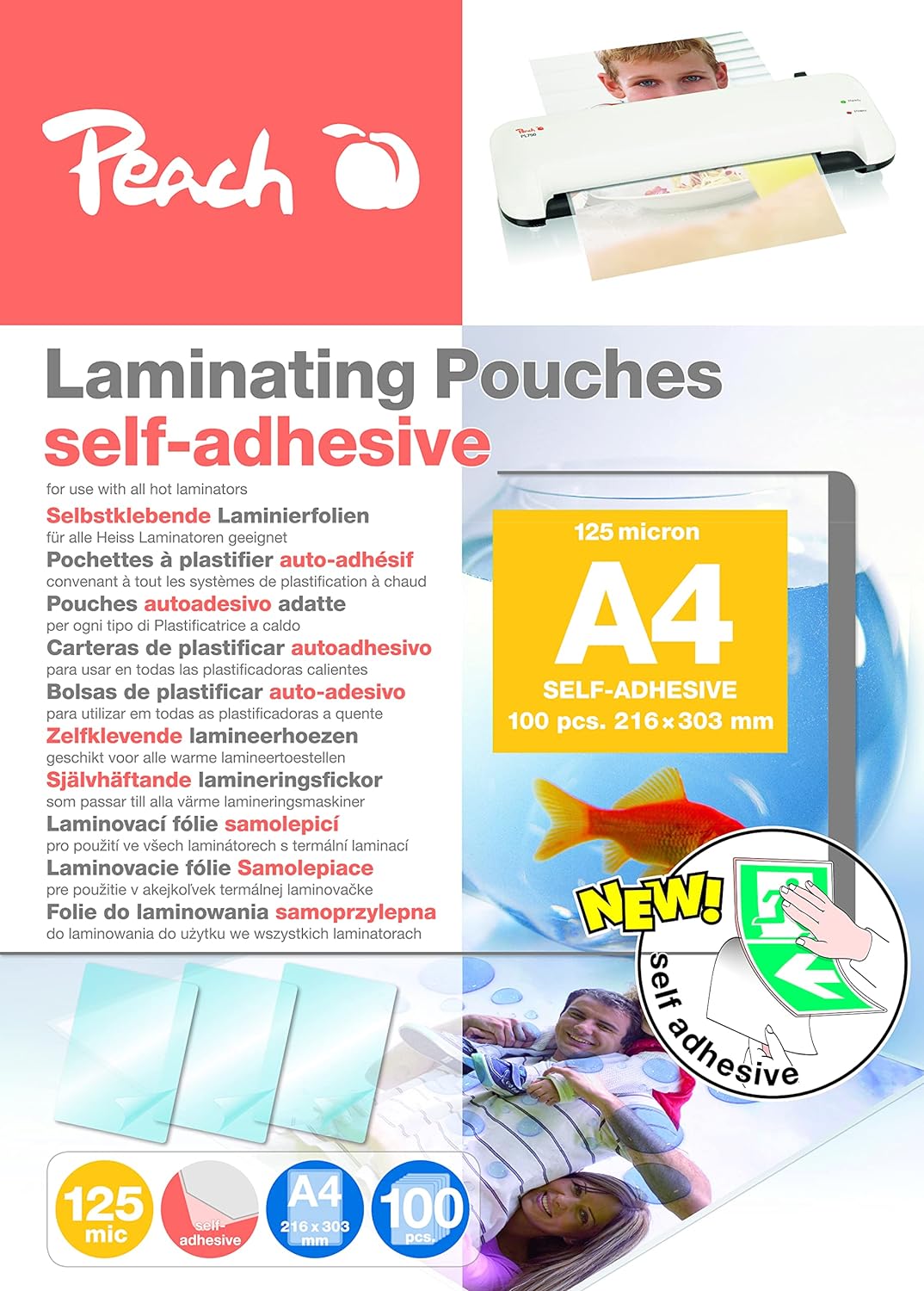 Peach Laminierfolien A4-125 mic - 100 pouches - selbstklebende Rückseite - geeignet für selfmade Bil
