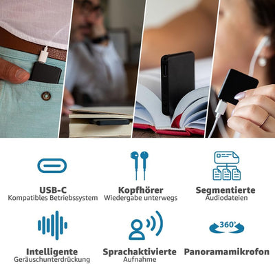 Einzigartiges Aufnahmegerät - 145 Stunden - Nur 5 mm Dünn - Stimmenaktivierung Diktiergerät - 24 Stu