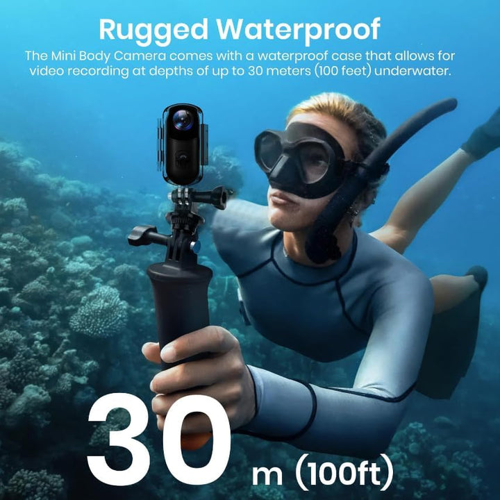 Action Cam, Mini Bodycam, POV Vlog Kamera 120° Weitwinkel, wasserdicht bis 30 m, 10+ Zubehörteile, 1