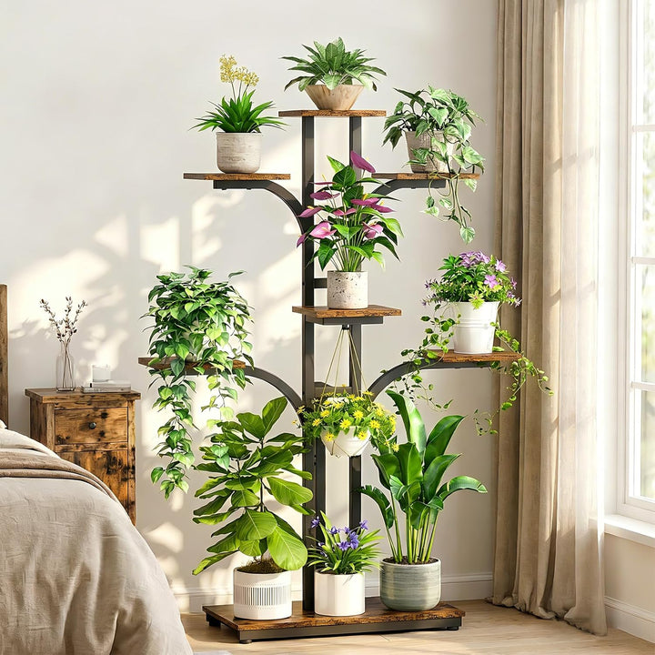 ikkle Pflanzenständer mit Wachstumslicht, 136 cm Hoher Blumenständer, 7-ebiges Eck-Pflanzenregal für