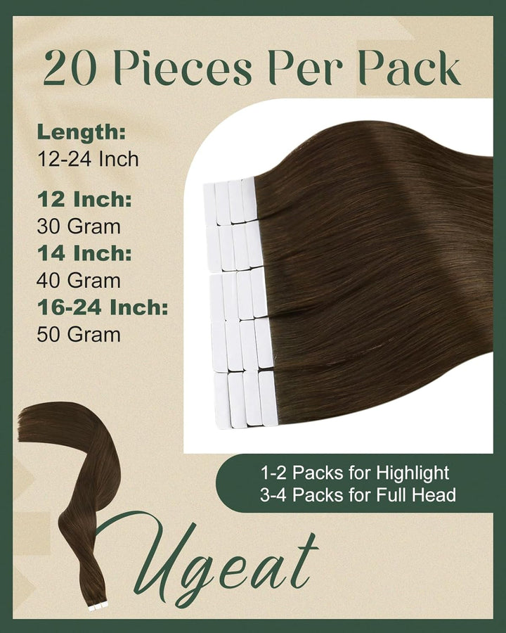 Ugeat 35cm Tape Extensions Braun Echthaar Band Haarverlaengerung 20Stücke Unsichtbares Tape Extensio