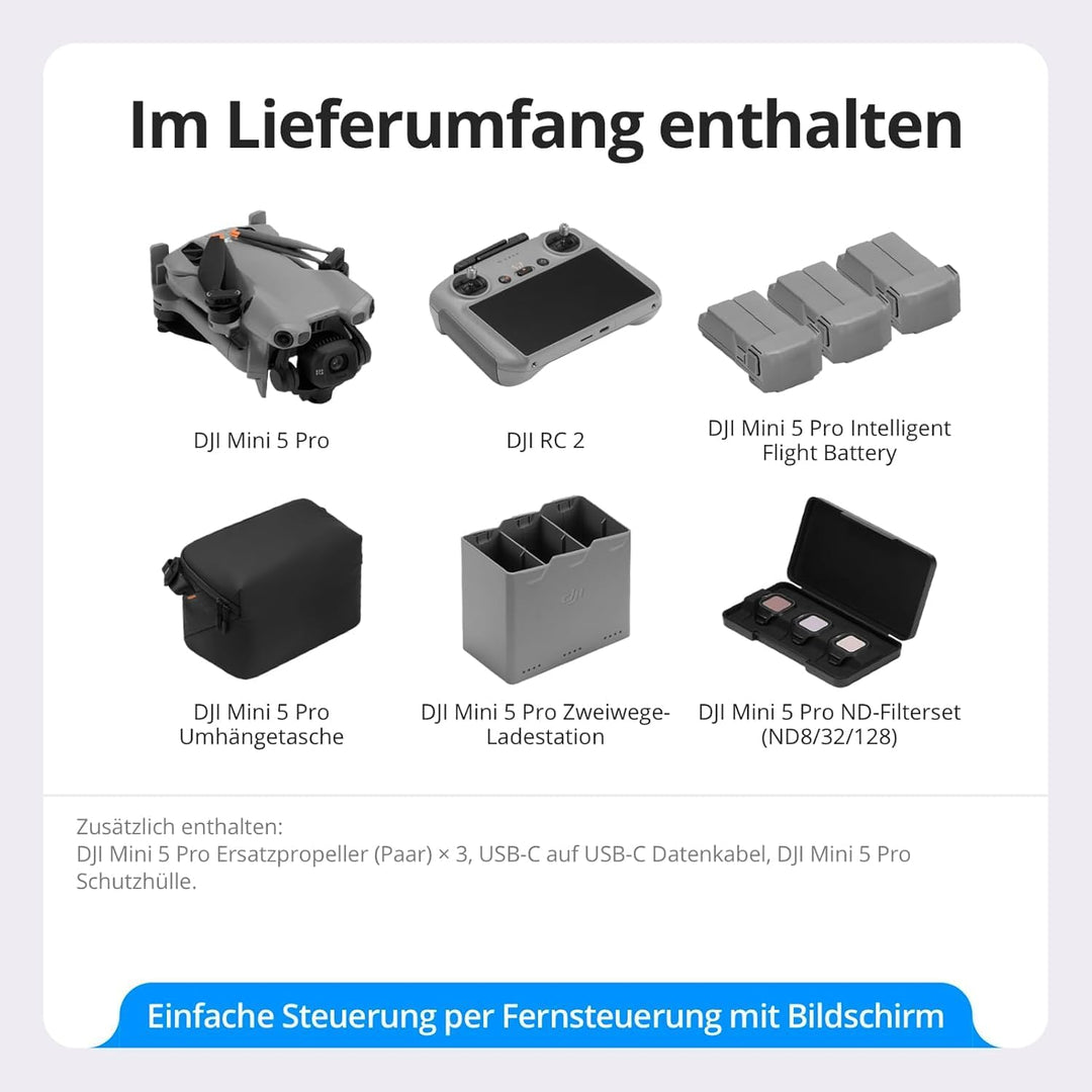DJI Mini 5 Pro Fly More Combo mit DJI RC 2, C0-Zertifiziert, 4K-Drohne für Anfänger, Drohne mit Kame