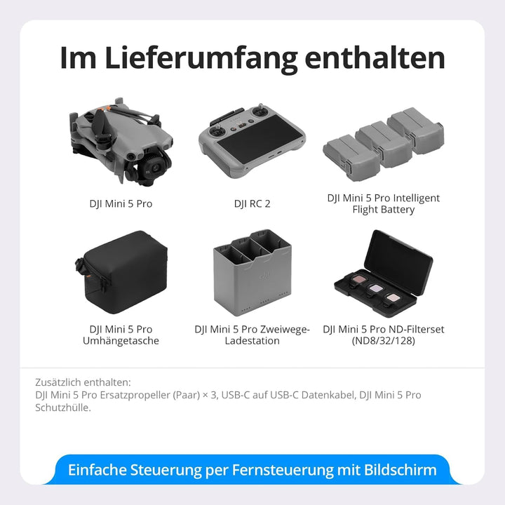 DJI Mini 5 Pro Fly More Combo mit DJI RC 2, C0-Zertifiziert, 4K-Drohne für Anfänger, Drohne mit Kame