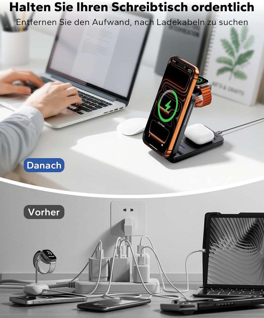 KPON Magsafe Ladestation für Apple Watch und iPhone, 3 in 1 Faltbares Magsafe Ladegerät Schnellladun