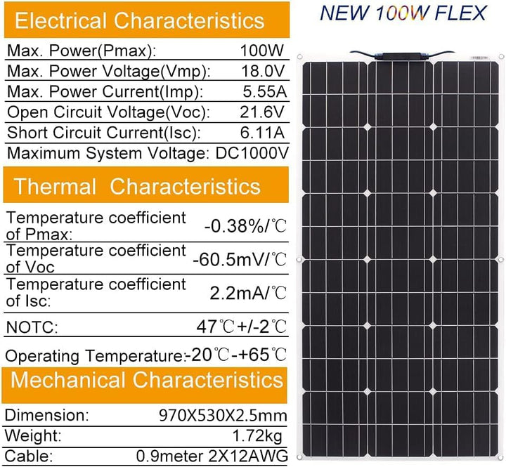 100W 12V Solarpanel Kit Flexible Monokristalline Solarpanel mit 10A Solarladeregler und 3m Solarkabe