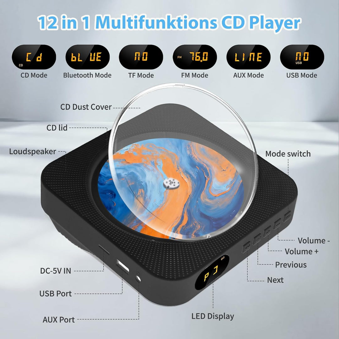 CD Player Tragbar mit Bluetooth 5.1, Liphier CD-Player Musik Heim-Desktop, CD Spieler Kinder mit HiF