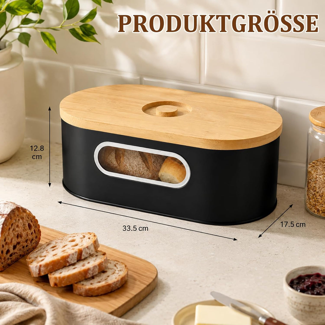 Brotkasten Schwarz, Brotbox aus Verzinktem Eisen mit 2-in-1-Bambusdeckel | Brotaufbewahrungsbox mit
