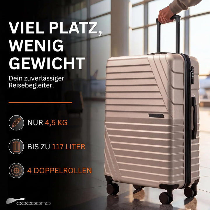 Hartschalenkoffer XL Gross - 100L Volumen erweiterbar auf 117L - 158cm Gurtmass - 8 Rollen 360° dreh