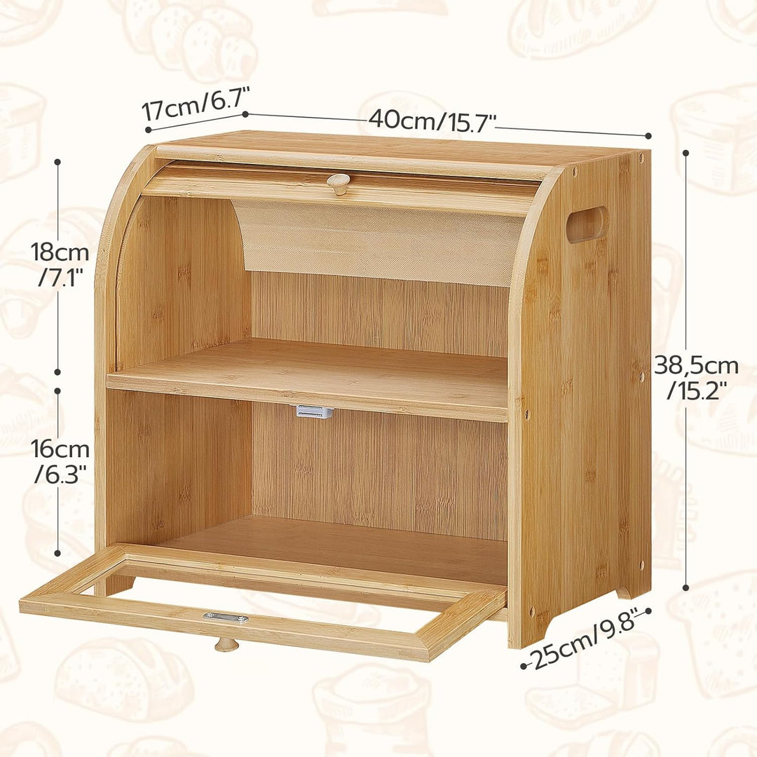 HOOBRO Brotkasten Bambus, 2-stöckiger Brotkorb, Brotbox, Brotaufbewahrung mit Rolldeckel und Vitrine