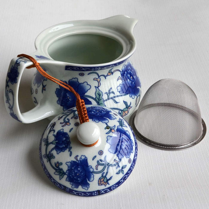 Yxhupot Teekanne 425 ml Blau Weiss Porzellan China Edelstahl Infuser Blume (Cihu Mudan), Weiss