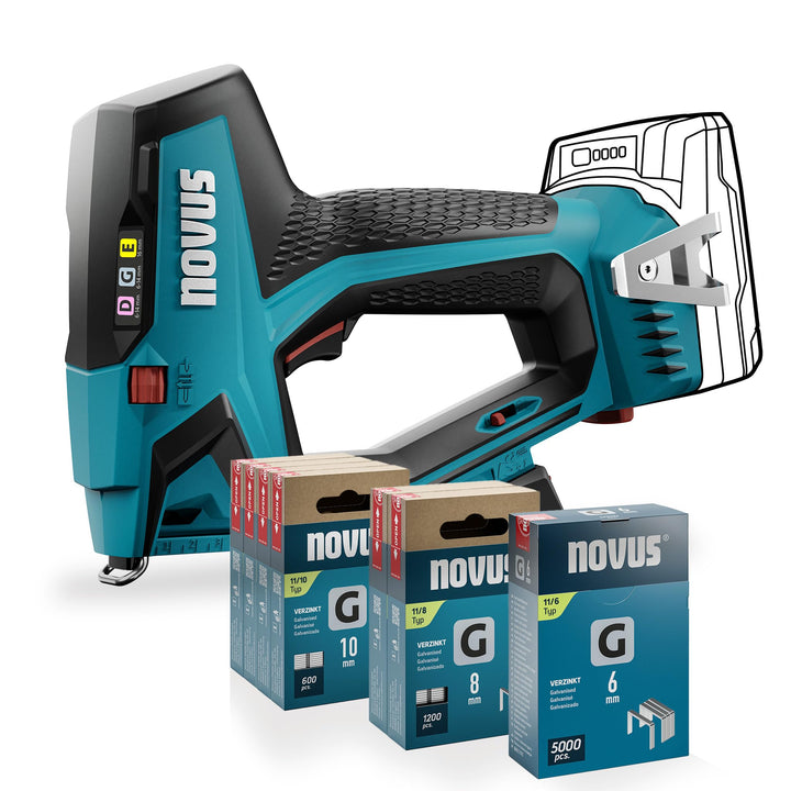 NOVUS TOOLS Akku Tacker J-551 Set inkl. 9.800 Klammern │ Für Flachdrahtklammern 6-14 mm und Nägel 16