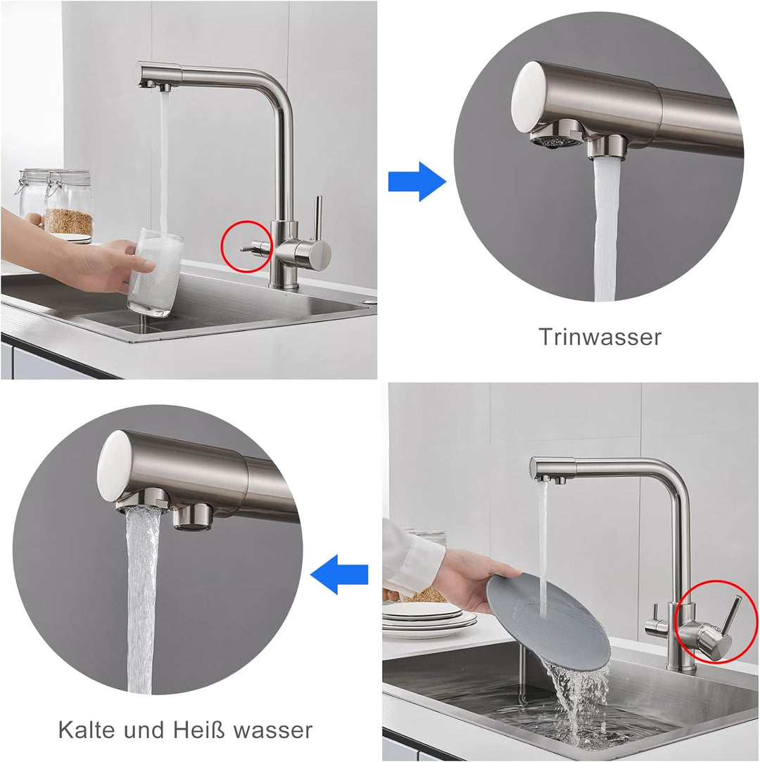 KEOKBON 3 Wege Wasserhahn Küche, Trinkwasserhahn Küchenarmatur, 360° Schwenkbar Wasserhähne, Spültis