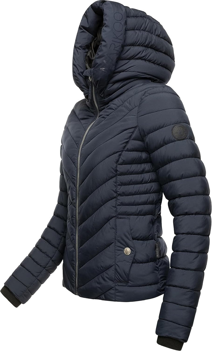 MARIKOO Damen Übergangsjacke leichte Steppjacke kurz mit abnehmbarer Kapuze Kagomee XS-XXL XL Navy,