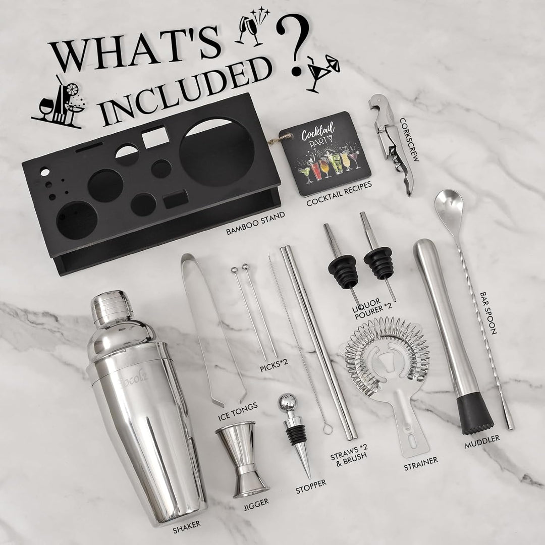 Cocktail Shaker Set mit Bambus Ständer & Rezeptbuch, Edelstahl 750ml Bar Cocktailset Cocktailshaker