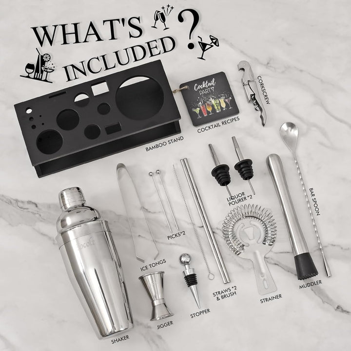 Cocktail Shaker Set mit Bambus Ständer & Rezeptbuch, Edelstahl 750ml Bar Cocktailset Cocktailshaker