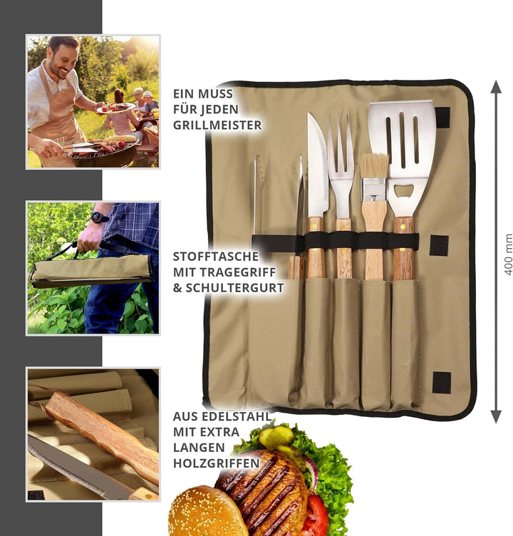 Grillbesteck Set (5-teilig): Grillset mit Grillzange, Fleischgabel, Grillmesser, Pinsel und Grillwen