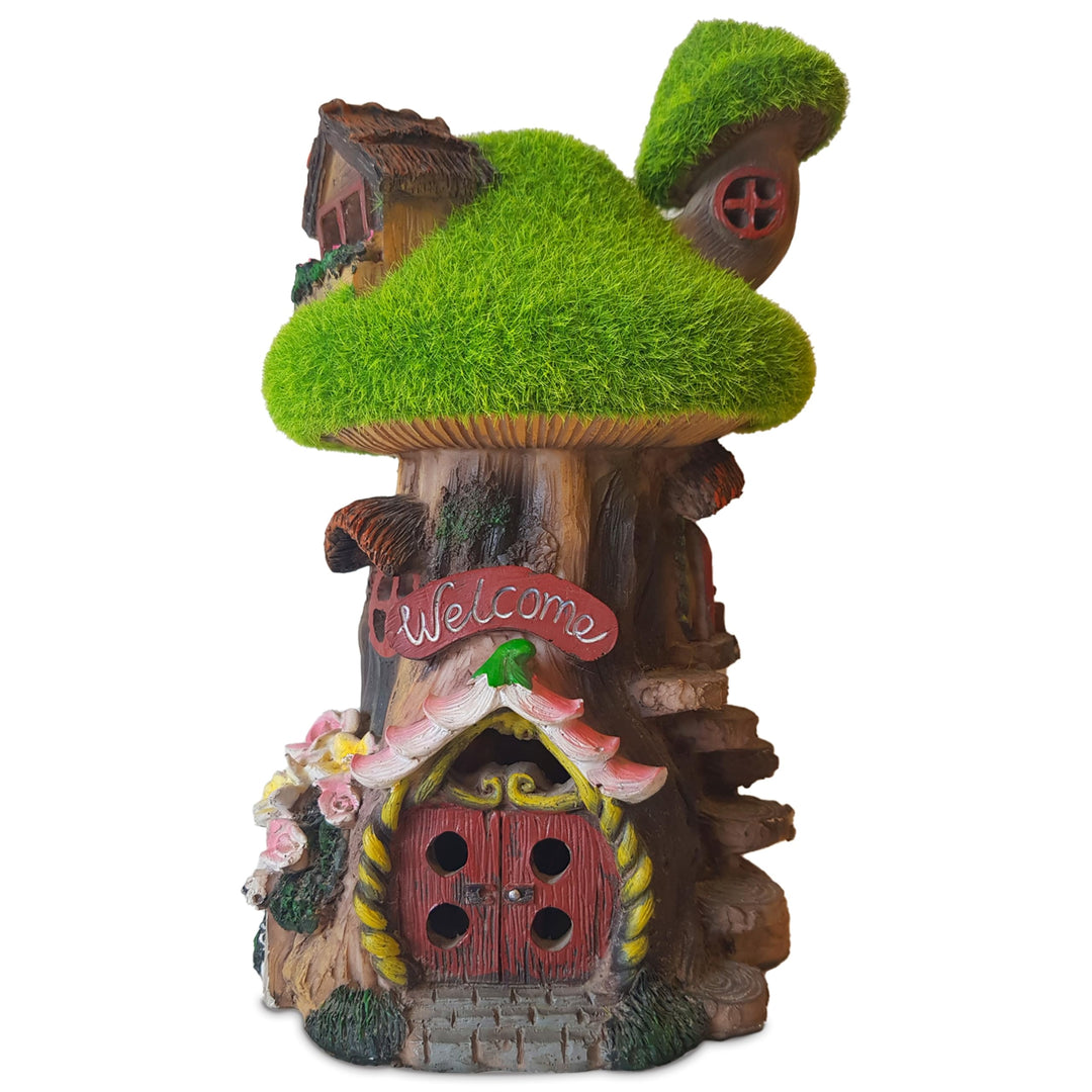 Feenhaus für den Garten mit Solarlicht - Fairy Tree House aus Harz - Aussendekoration für Garten, Te