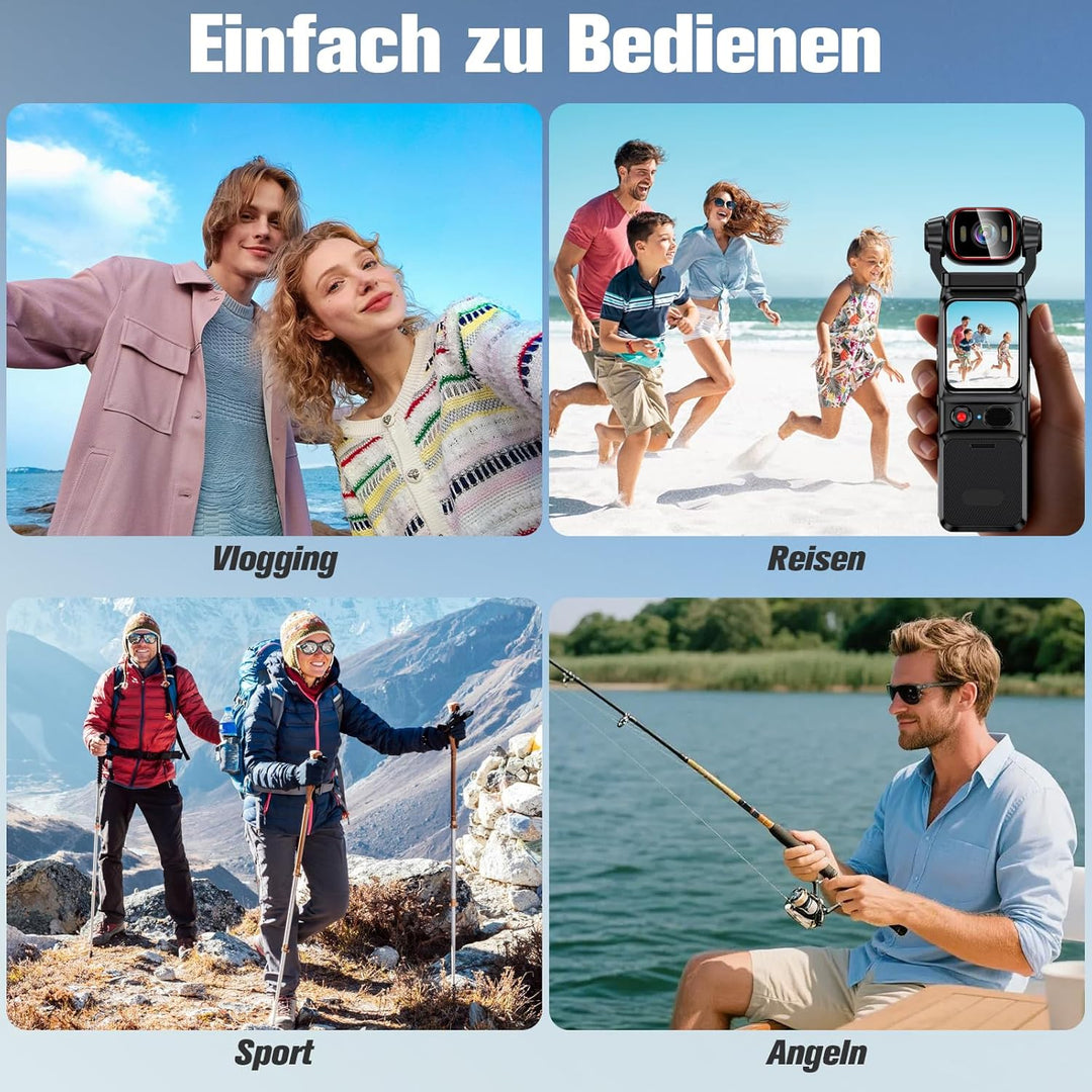Vlogging Wifi Action Kamera 4K, 160°-Sport Actionkamera, Tragbare Taschenkamera mit um 180° Drehbare