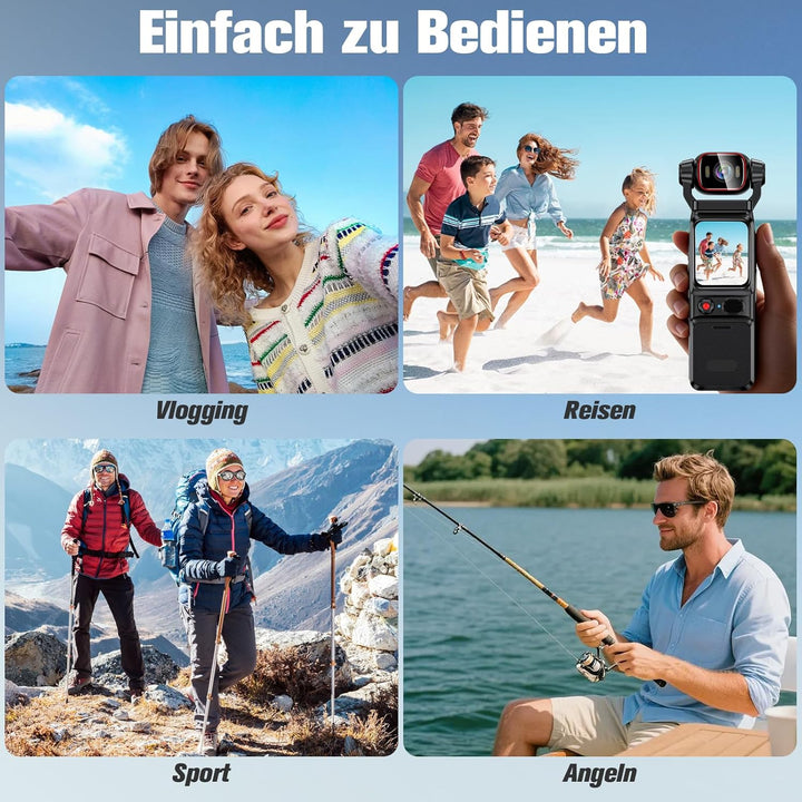 Vlogging Wifi Action Kamera 4K, 160°-Sport Actionkamera, Tragbare Taschenkamera mit um 180° Drehbare