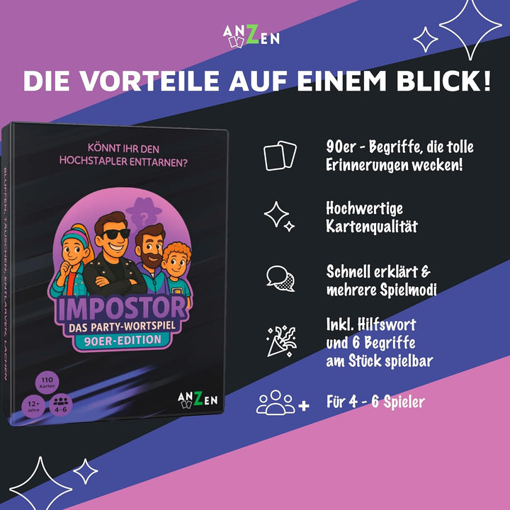 Impostor – Das Party Wortspiel 90er Edition inkl. Hilfsbegriffe | Lustiges Gesellschaftsspiel & Kart
