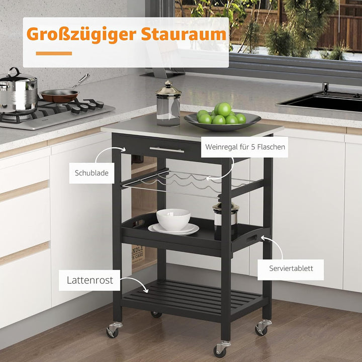 HOMCOM Servierwagen Küchenwagen Rolltisch mit Flaschenregal 60L x 40l x 85H cm Edelstahlplatte. Schw
