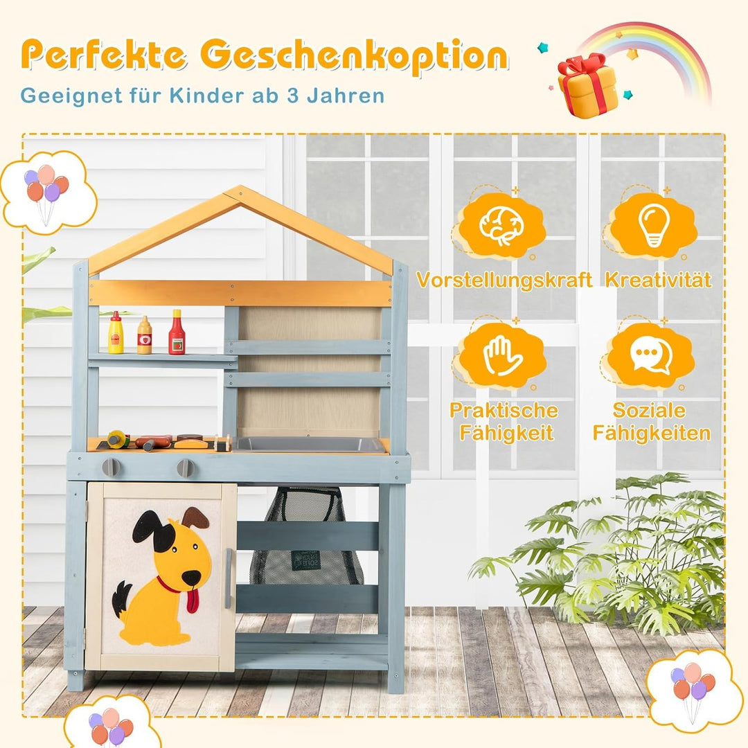 COSTWAY 2-IN-1 Matschküche Kinder Outdoor, Kinderküche Holz mit Tasche & Körben, Tafel & Zubehör, Sp