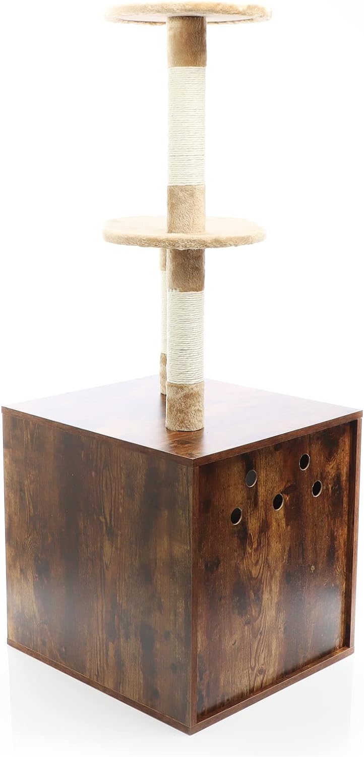 Fudajo Design Kratzbaum mit Box aus Holz vintagebraun multifunktional Kratzmöbel und Katzentoilette