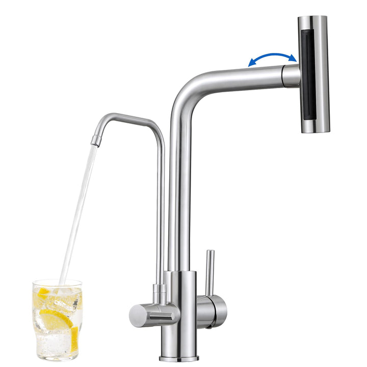 ROVOGO 3 Wege Wasserhahn Küche mit Filter, Küchenarmatur Ausziehbar mit 4 Strahlarten Brause, Doppel