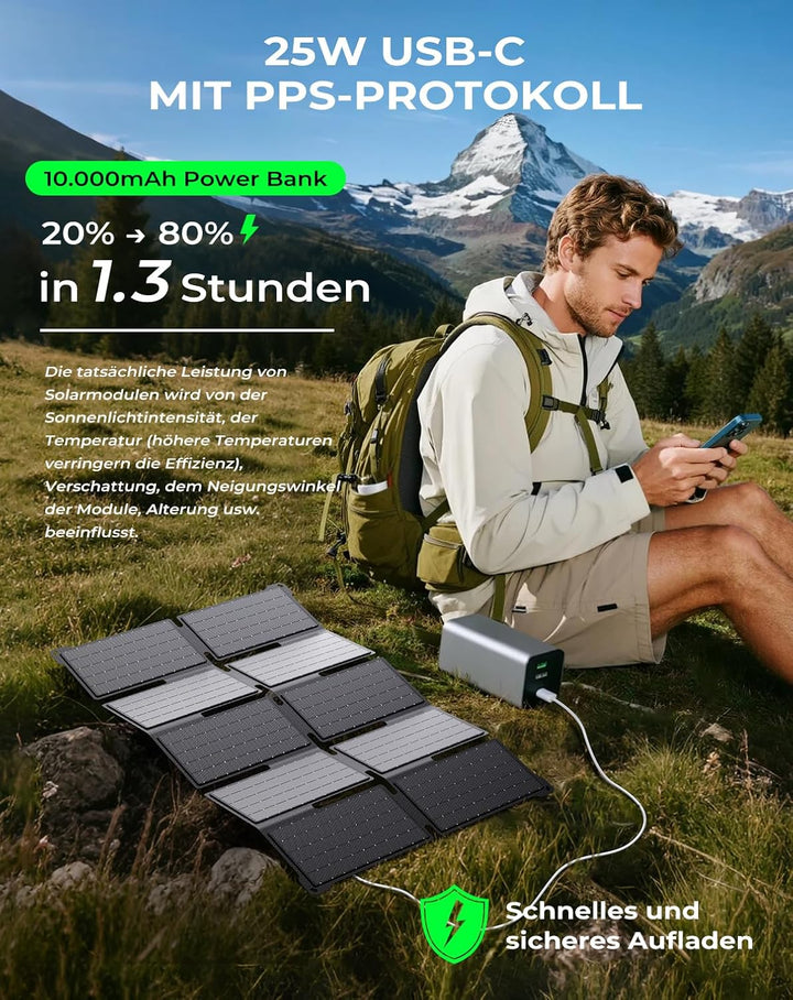 BigBlue Tragbarer 35W Tragbar Solar Ladegerät mit Schnellladung USB-A und PD 25W USB-C für Camping u