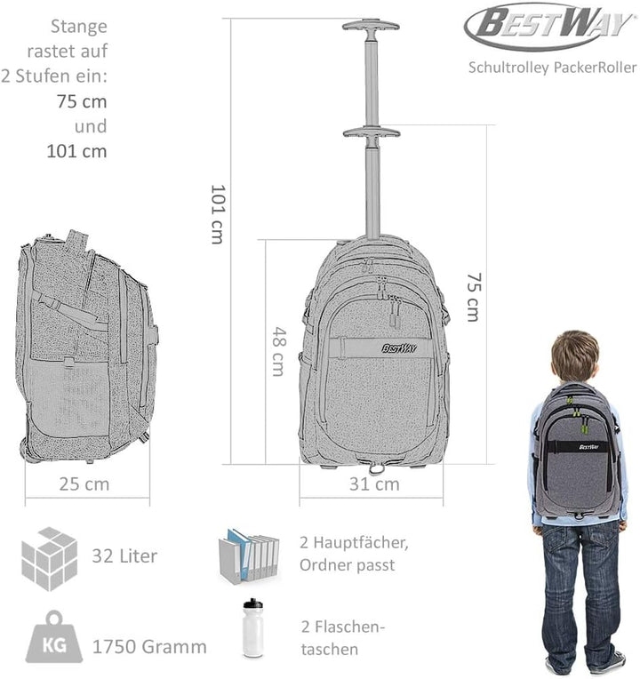 Bestway Schultrolley Mädchen Jungen Trolley Schulrucksack 2 Teile Set Packer Evo + Heftmappe A4 Dark