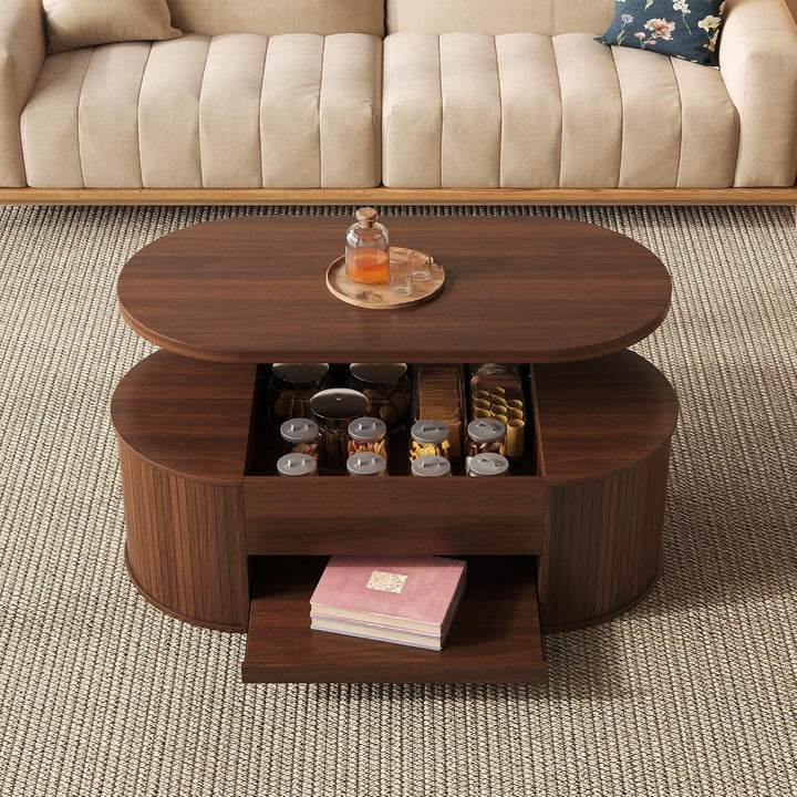Merax Anhebbarer Couchtisch 110x55,5x40 cm, Höhenverstellbar mit Gebogenen Holzseiten, Ausziehbares