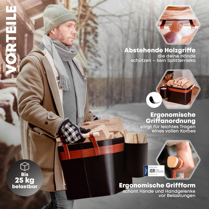 OAKAGE® Holzkorb für Kaminholz Gross aus veganem Leder Kaminholzkorb Feuerholzkorb Brennholzkorb Kam