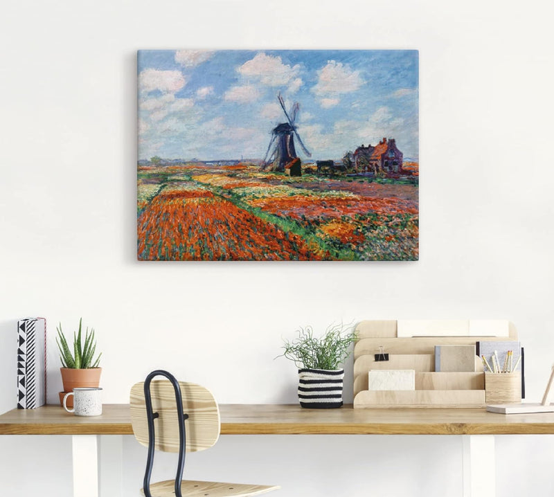 ARTland Leinwandbilder Wandbild Bild auf Leinwand 80x60 cm Wanddeko Idyll Dorf Windmühle Blumen Tulp