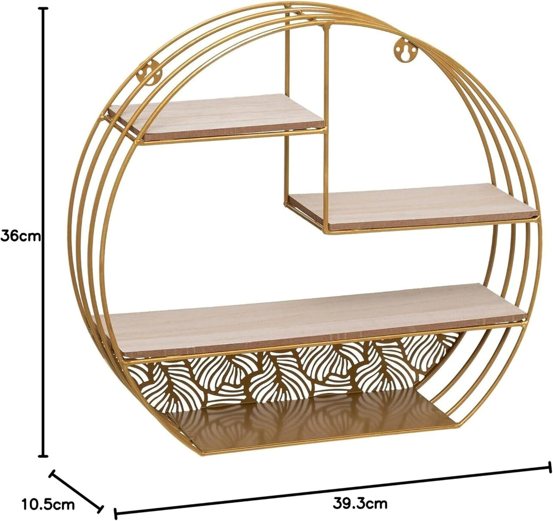 Well Home - Wandregal aus Holz, Metall, rund, goldfarben