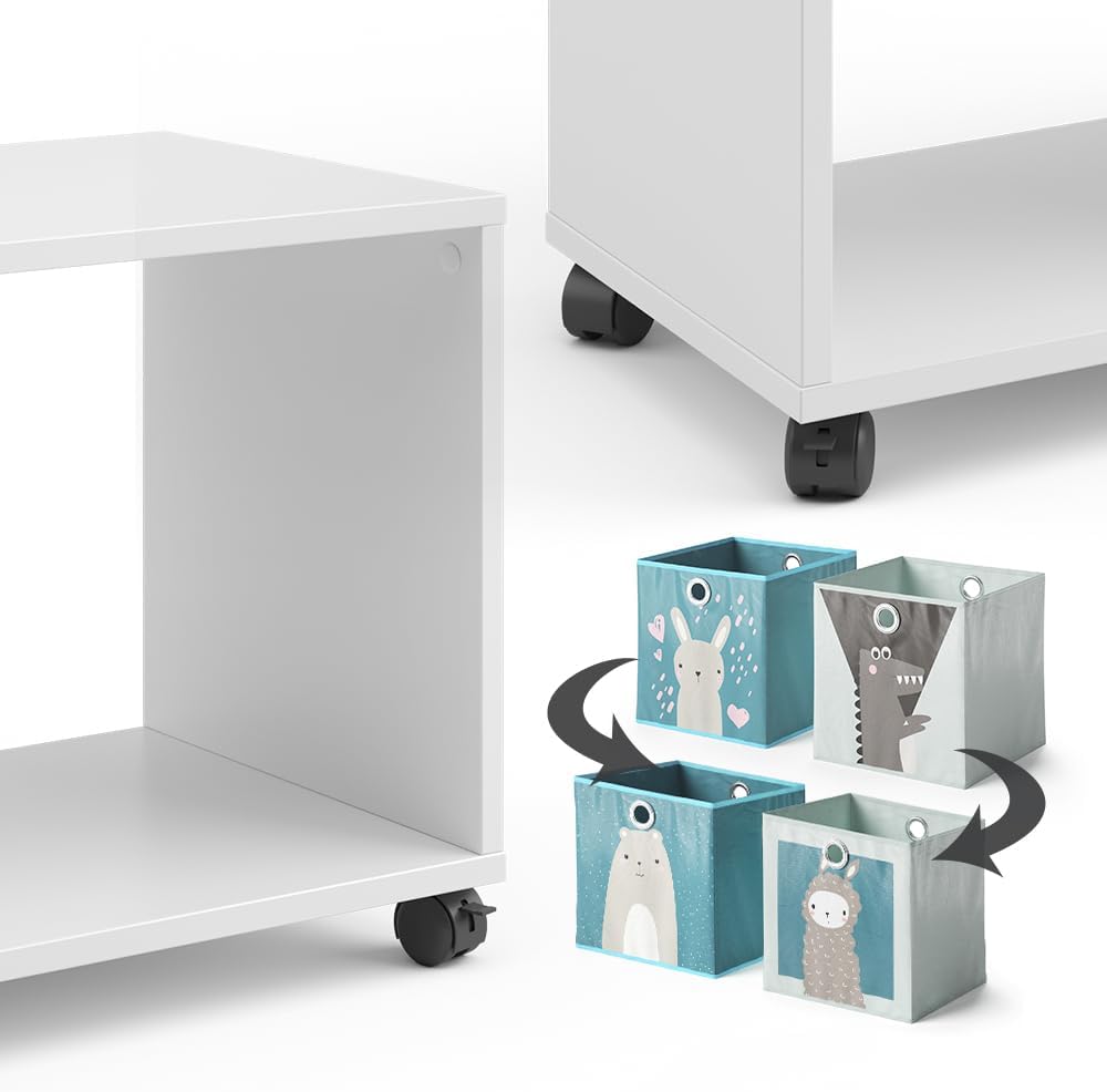 Vicco Kinderregal, Weiss, 72 x 42.4 cm mit 2 Faltboxen, auf Rollen fahrbar mit Zwei offenen Ablagefl