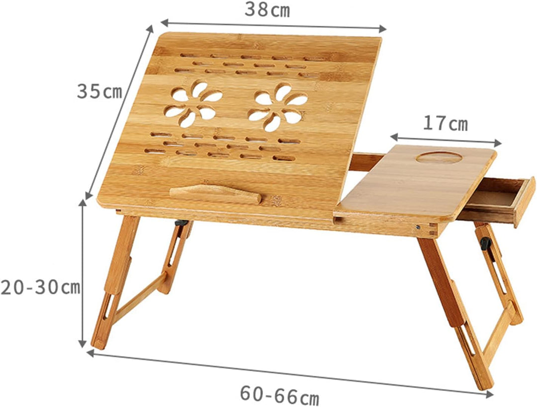 Klappbarer Betttisch, 66 x 35 cm, Betttablett aus Bambus mit verstellbaren Füssen und neigbarer Plat