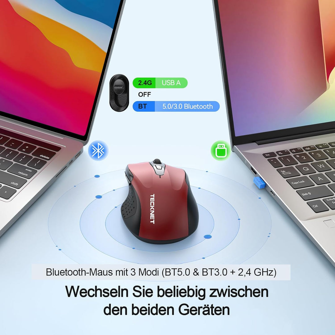 TECKNET Bluetooth Maus mit Jiggler, Wiederaufladbare Maus Kabellos für Laptops(DREI Modi: BT 5.0/3.0