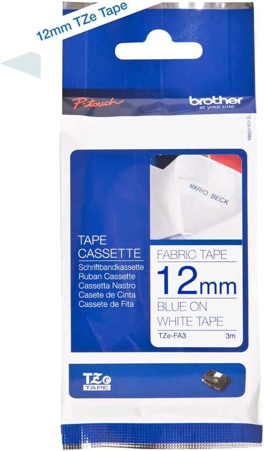 Brother TZe-FA3 P-touch Textil-Aufbügelband (12 mm breit, 3 m lang, blau auf weiss, u.a. für P-touch