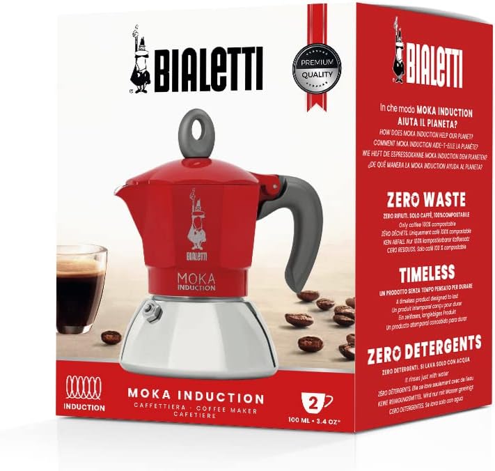 Bialetti - Moka Induction, Moka-Kanne, Geeignet für Alle Herdarten, 2 Tassen Espresso (100ml), Rot 2