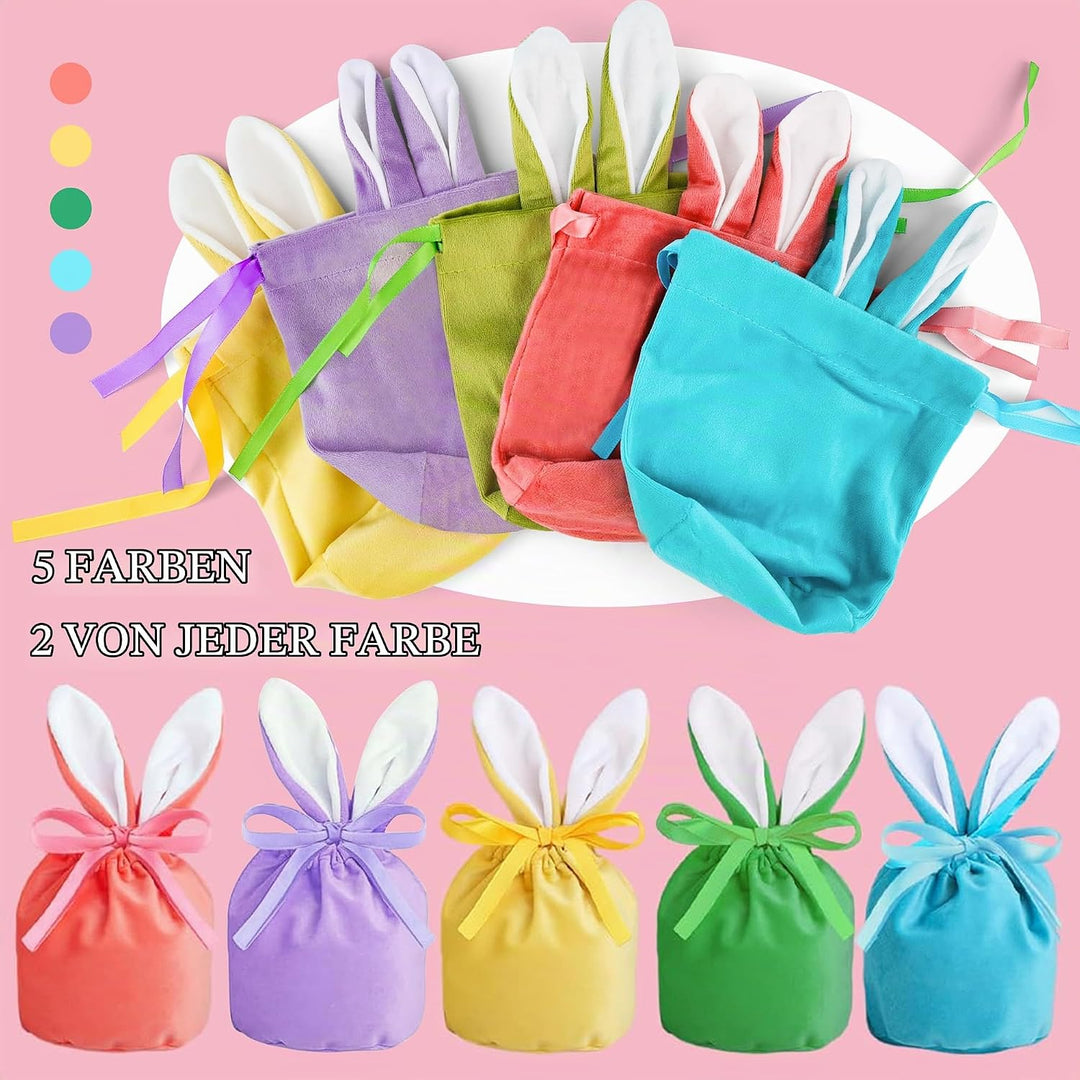 20 Stück Osterhasen Samtbeutel Set – 10 Samtsäckchen mit Ohren &amp; 10 Geschenkanhänger, Dekorative Ost