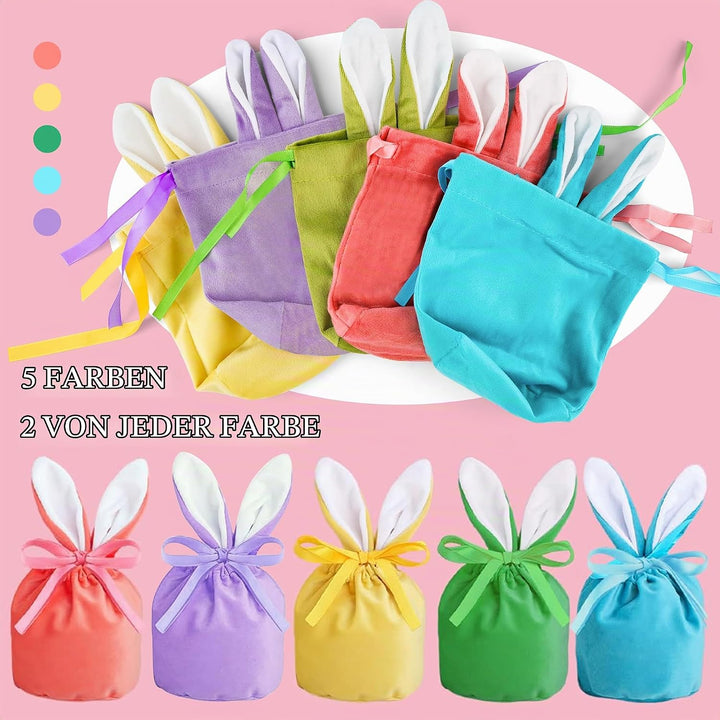 20 Stück Osterhasen Samtbeutel Set – 10 Samtsäckchen mit Ohren &amp; 10 Geschenkanhänger, Dekorative Ost