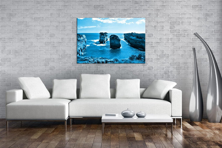deyoli Felsenküste in Australien Format 80x60 Effekt: Monocrome Blau als Leinwandbild, Motiv fertig