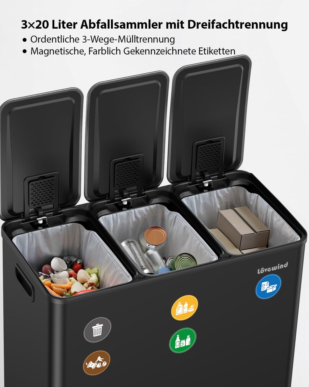 lovewind Mülleimer, 3 x 20L Recyclingeimer, 3-Fach-Mülleimer für Recycling und Abfall, inklusive Mül