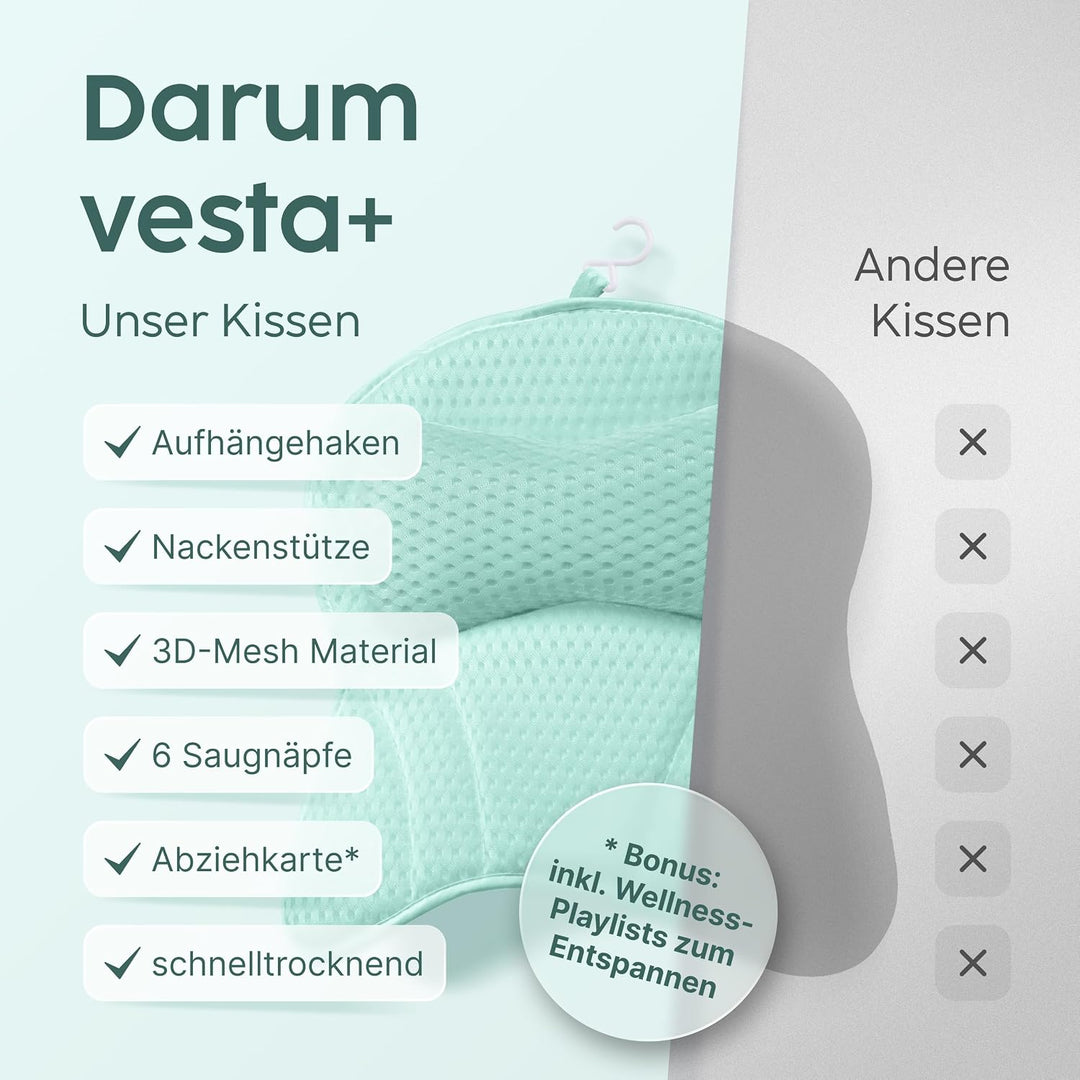 Vesta+ Badewannenkissen Mint L mit Saugnäpfen, Badekissen Testsieger als Badewannenkissen Nacken &amp; N